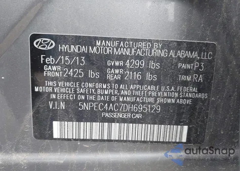 2013 Hyundai Sonata Limited z USA, uszkodzony, nr VIN 5NPEC4AC7DH695129